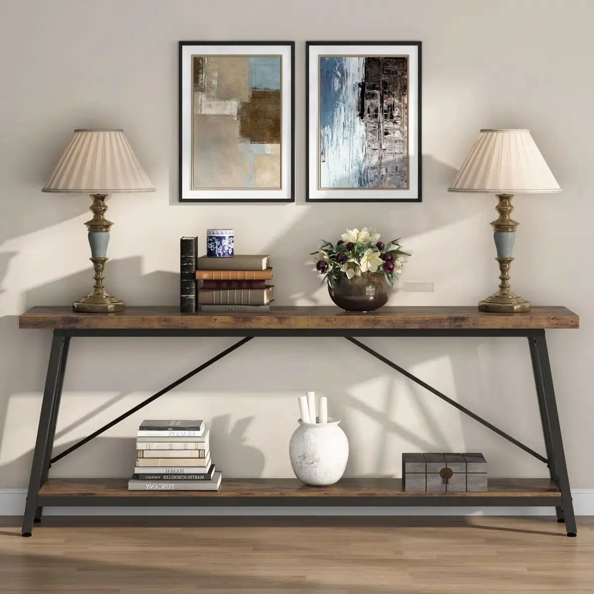 Sturdy 70-inch Industrial Brown Wood Top Console Table with Black Metal Frame by HomePacific
