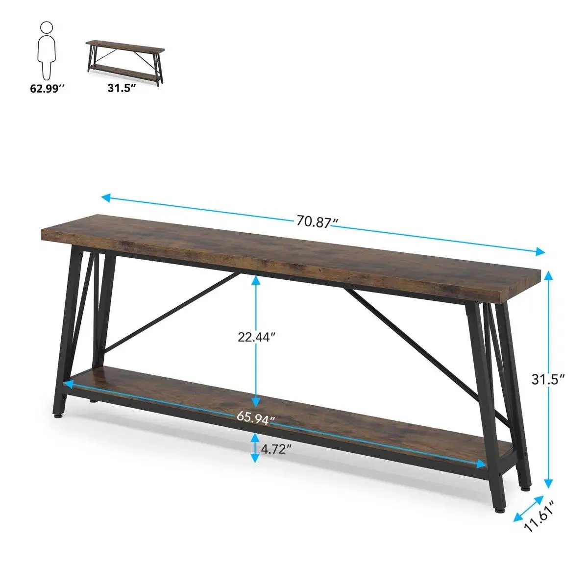 Sturdy 70-inch Industrial Brown Wood Top Console Table with Black Metal Frame by HomePacific