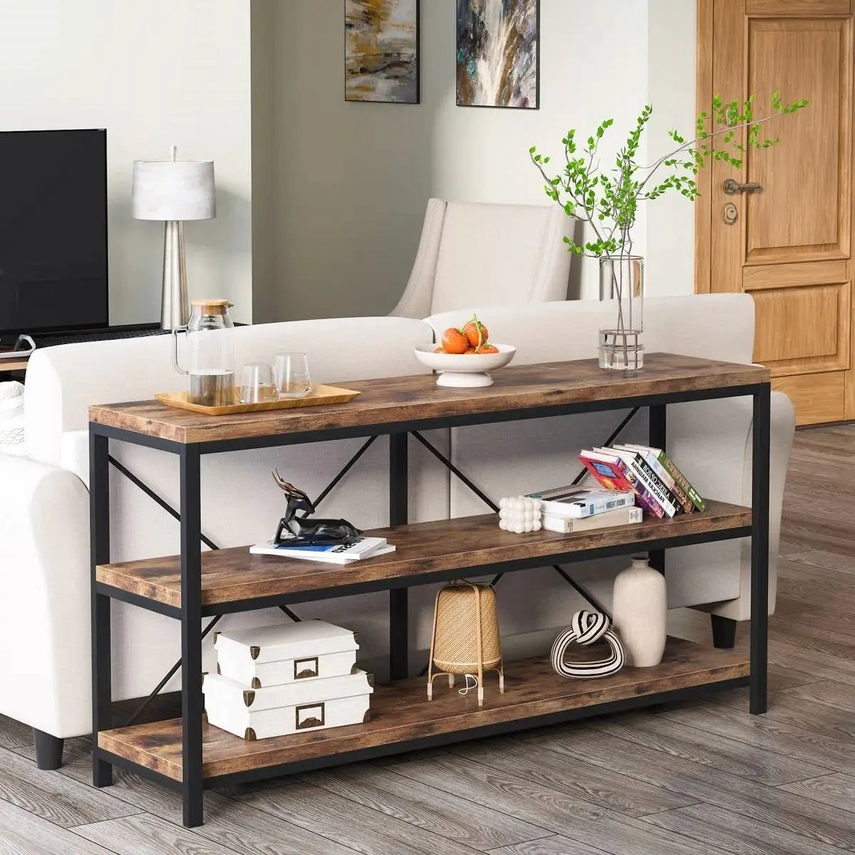 Industrial 55-inch Wood Shelf Console Sofa Table with Sturdy Black Metal Frame by HomePacific