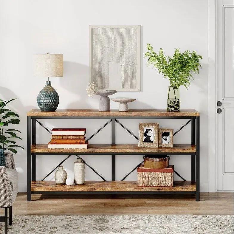 Industrial 55-inch Wood Shelf Console Sofa Table with Sturdy Black Metal Frame by HomePacific