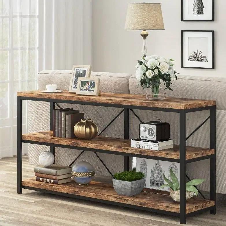 Industrial 55-inch Wood Shelf Console Sofa Table with Sturdy Black Metal Frame by HomePacific