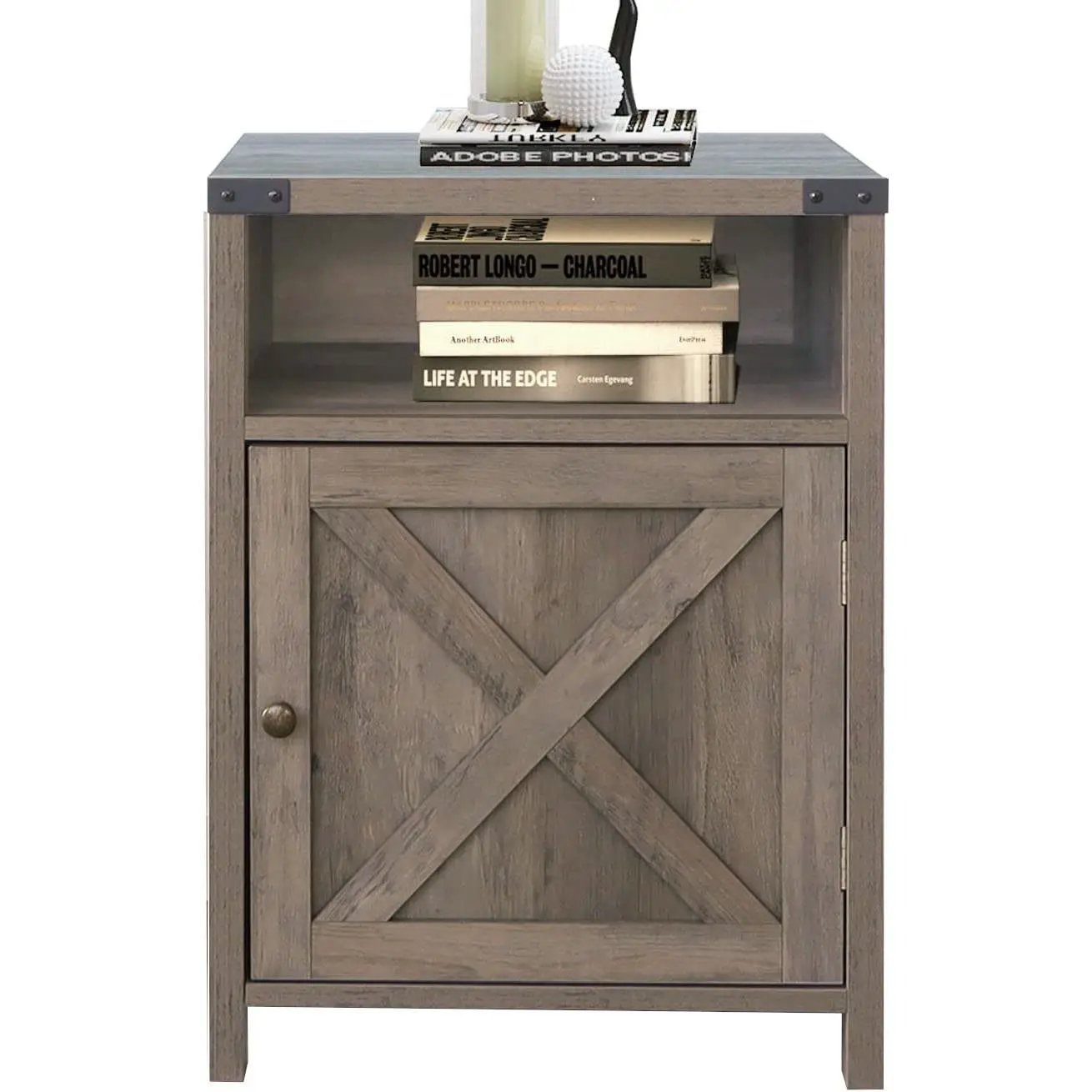 Farmhouse Style End Table Barn Door Nightstand with Open Shelf in Rustic Oak by HomePacific