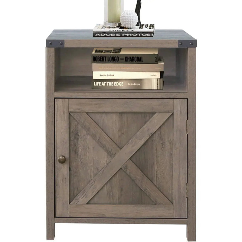Farmhouse Style End Table Barn Door Nightstand with Open Shelf in Rustic Oak by HomePacific