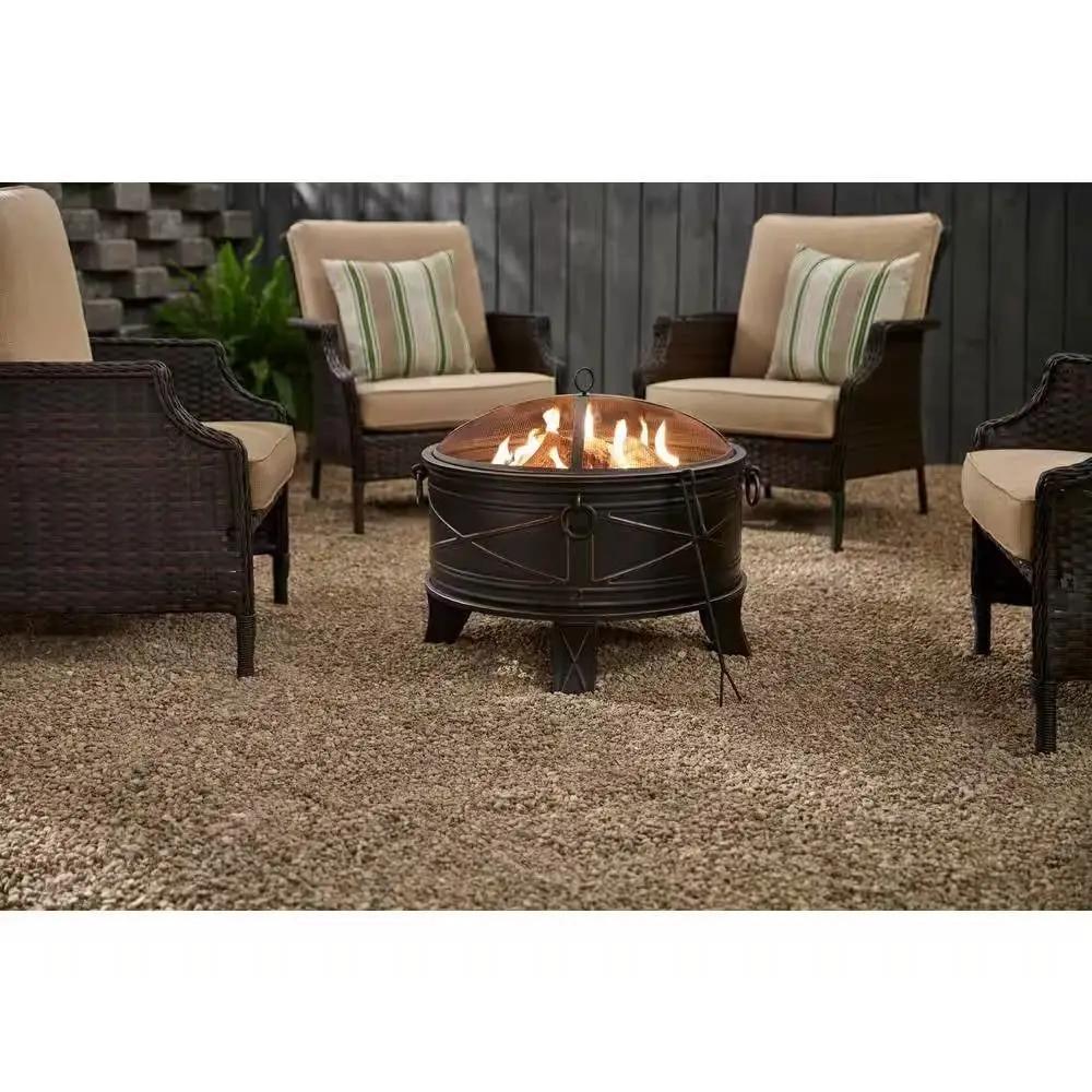 26-inch Round Steel Outdoor Fire Pit with Cover and Poker in Bronze by HomePacific