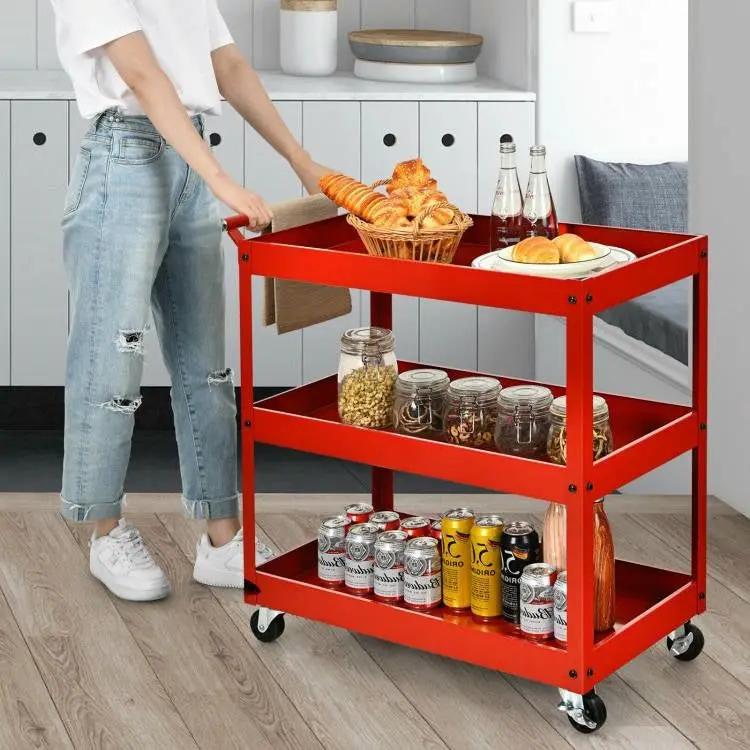 Red Steel Frame Kitchen Serving Utility Cart on Wheels with 2 Bottom Shelves by HomePacific