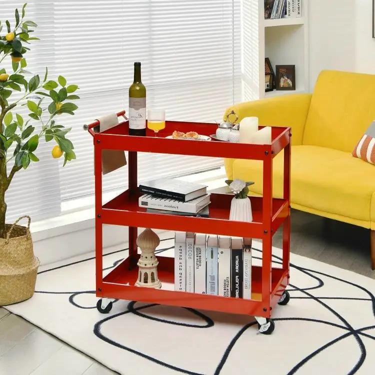 Red Steel Frame Kitchen Serving Utility Cart on Wheels with 2 Bottom Shelves by HomePacific