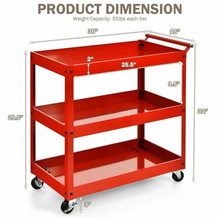 Red Steel Frame Kitchen Serving Utility Cart on Wheels with 2 Bottom Shelves by HomePacific