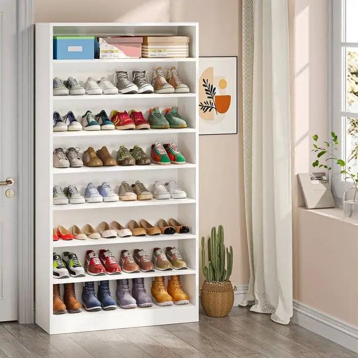 Modern 8-Shelf Shoe Rack Shelving Unit for Closet Storage in White Wood Finish by HomePacific
