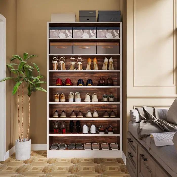 9 Tier White/Brown Wood Shoe Storage Cabinet, Holds Up To 45 Pairs by HomePacific