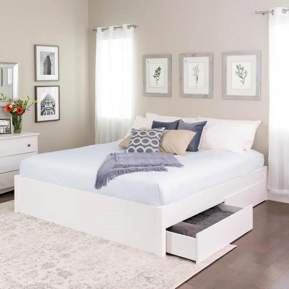 King Size 4 Drawer Storage White Wooden 4 Post Platform Bed Frame by HomePacific