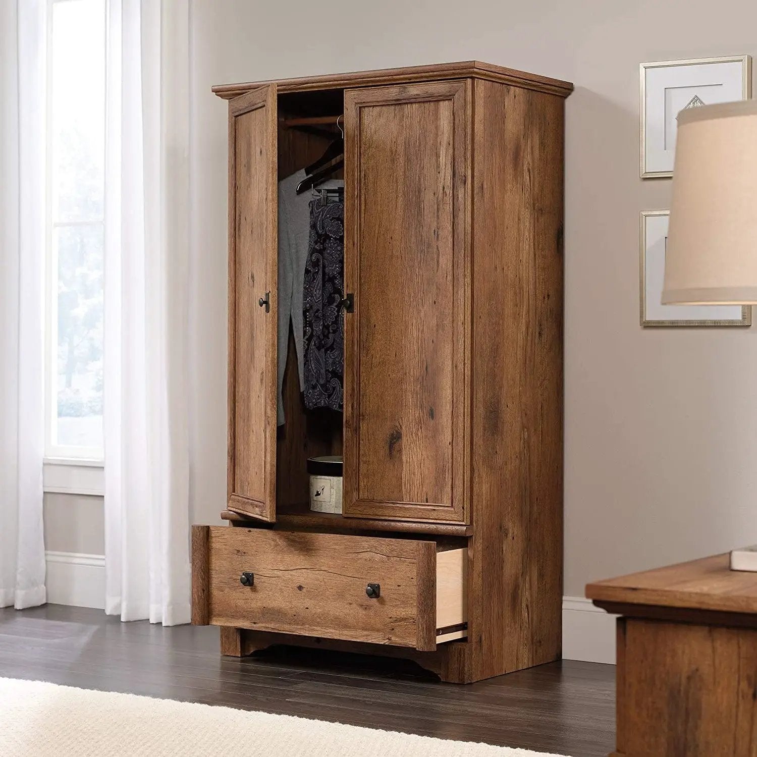 Rustic Oak Drawer and Garment Rod Wardrobe Armoire by HomePacific