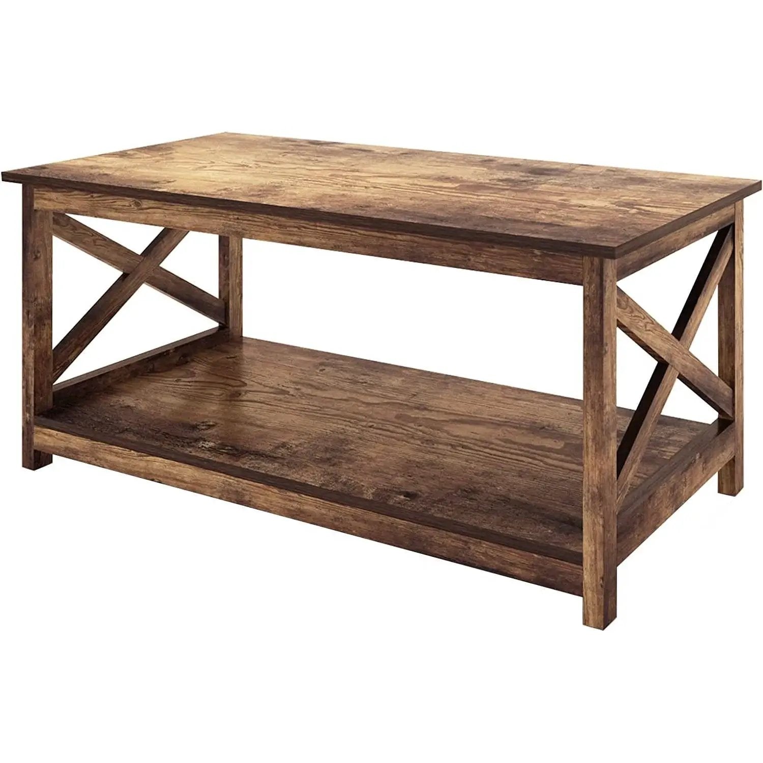 Contemporary 2-Tier Farmhouse Coffee Table in Rustic Wood Finish by HomePacific