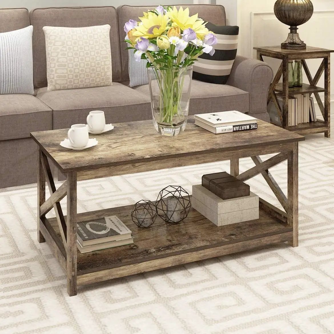 Contemporary 2-Tier Farmhouse Coffee Table in Rustic Wood Finish by HomePacific