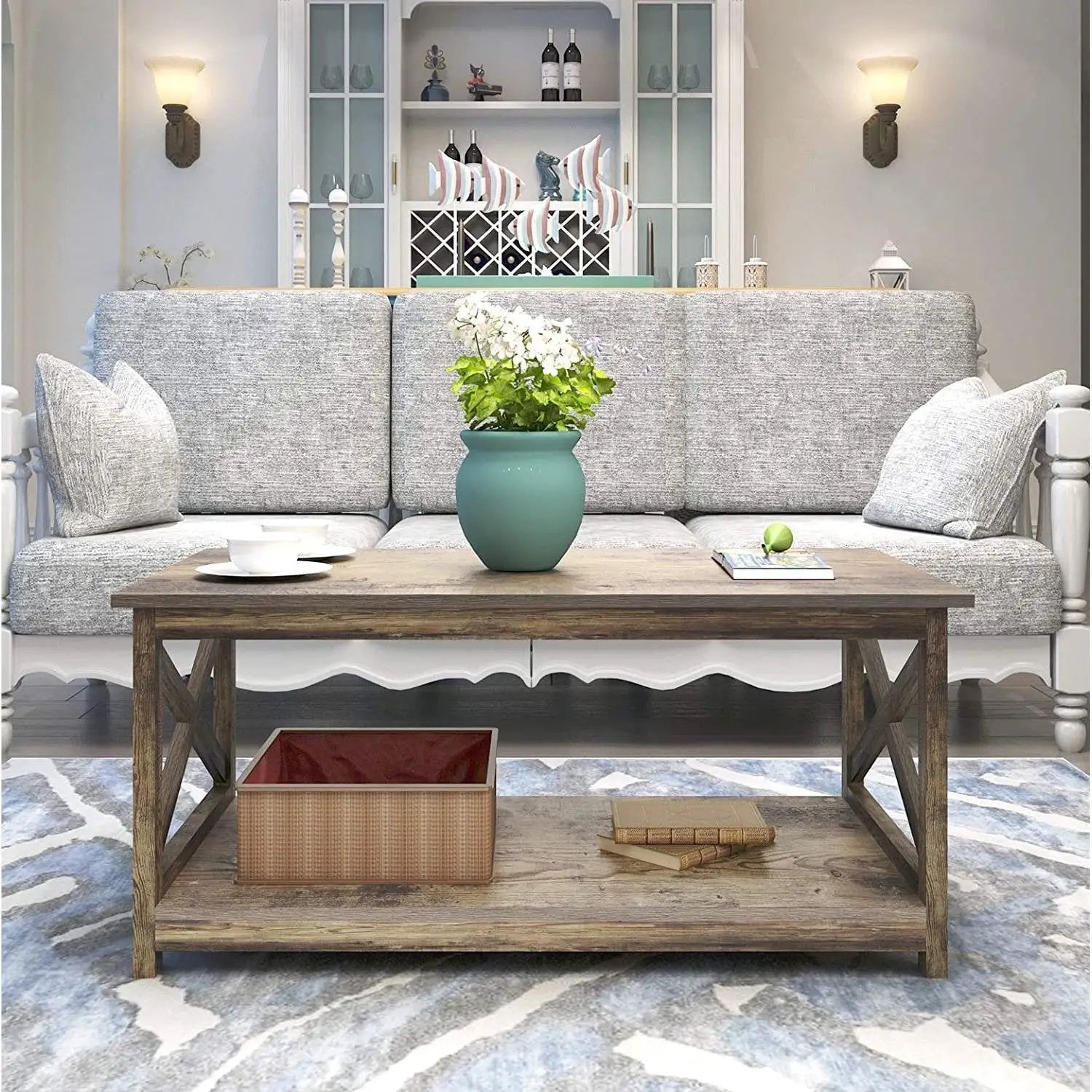 Contemporary 2-Tier Farmhouse Coffee Table in Rustic Wood Finish by HomePacific