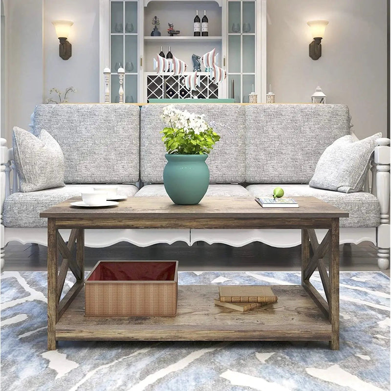 Contemporary 2-Tier Farmhouse Coffee Table in Rustic Wood Finish by HomePacific