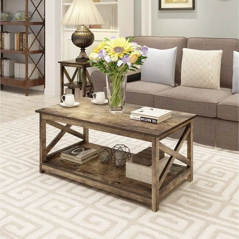 Contemporary 2-Tier Farmhouse Coffee Table in Rustic Wood Finish by HomePacific