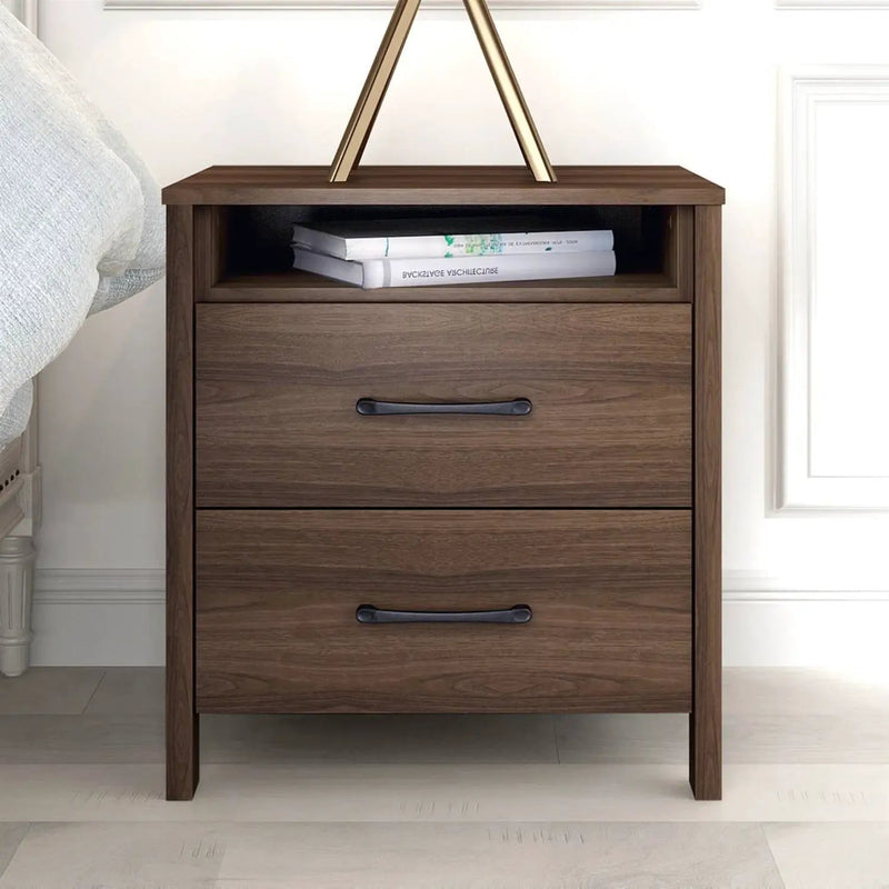 Modern 2-Drawer Nightstand Bedside Table in Brown Walnut Wood Finish by HomePacific