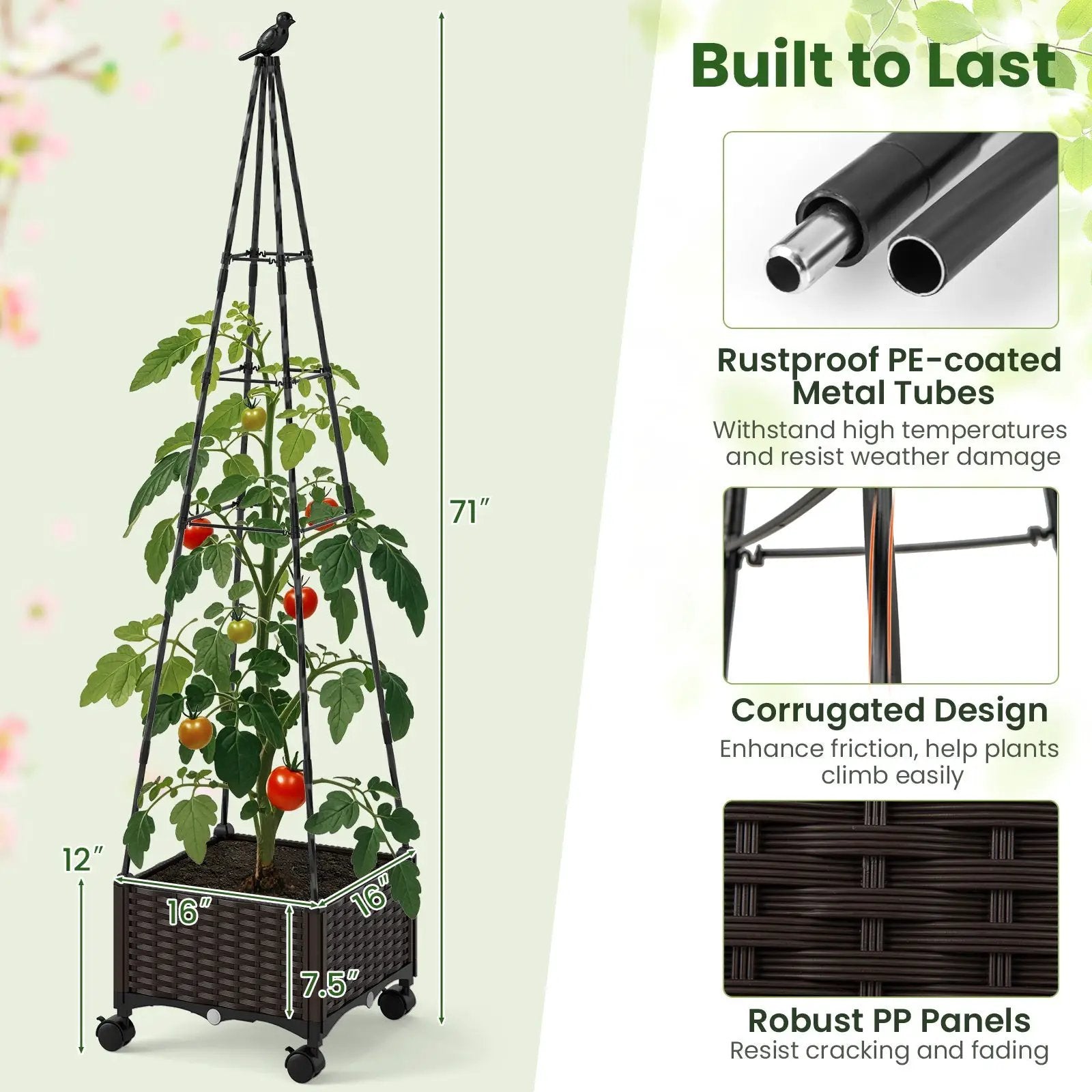 Raised Garden Bed Adjustable with Plant Box and Trellis with Lockable Wheels by DirectDeals