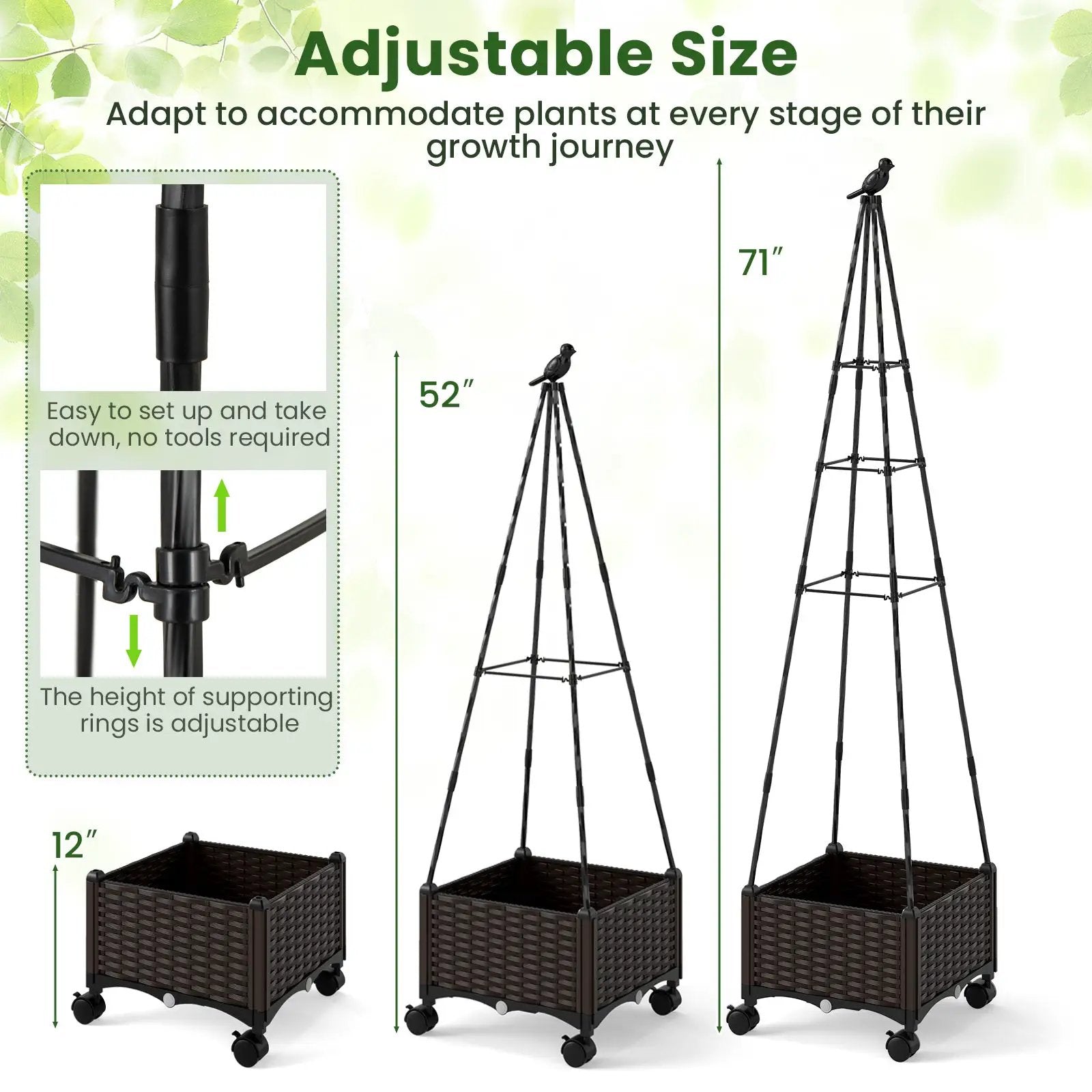 Raised Garden Bed Adjustable with Plant Box and Trellis with Lockable Wheels by DirectDeals