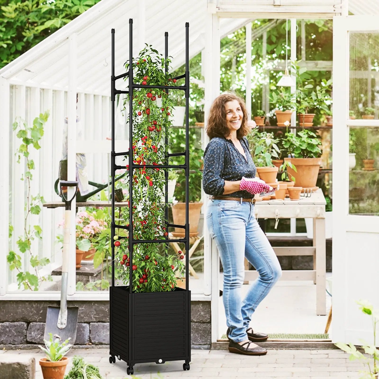 Raised Garden Bed with Obelisk Trellis and 3 Heights & Detachable PE-Coated Metal Tubes-Black by DirectDeals