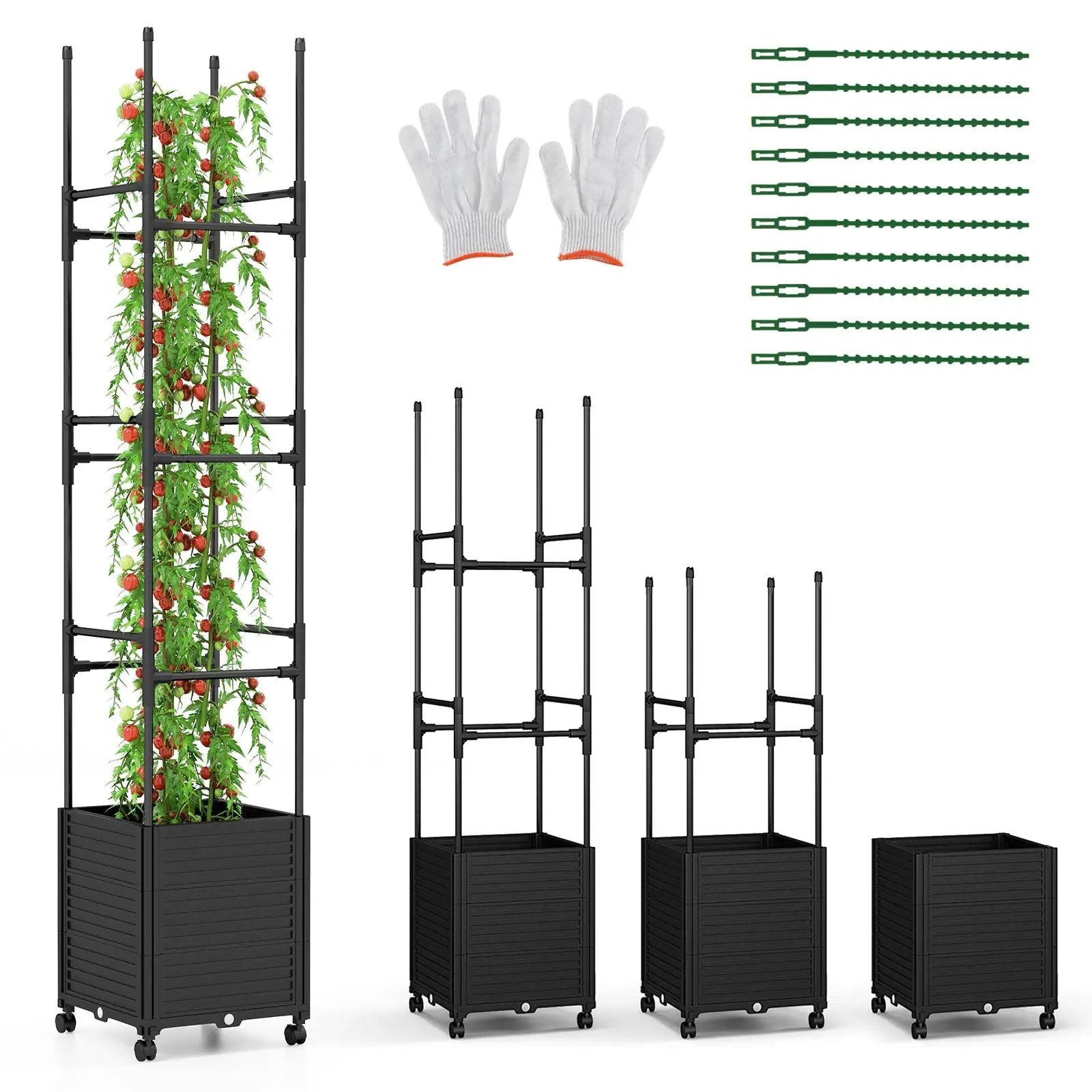 Raised Garden Bed with Obelisk Trellis and 3 Heights & Detachable PE-Coated Metal Tubes-Black by DirectDeals