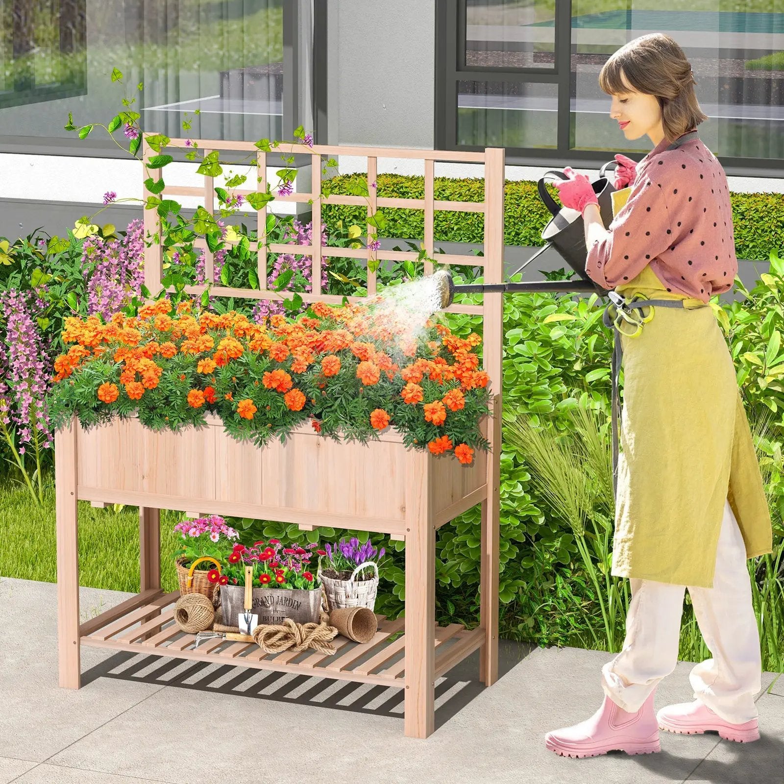 Raised Garden Bed Elevated Wooden Planter Box with Trellis by DirectDeals