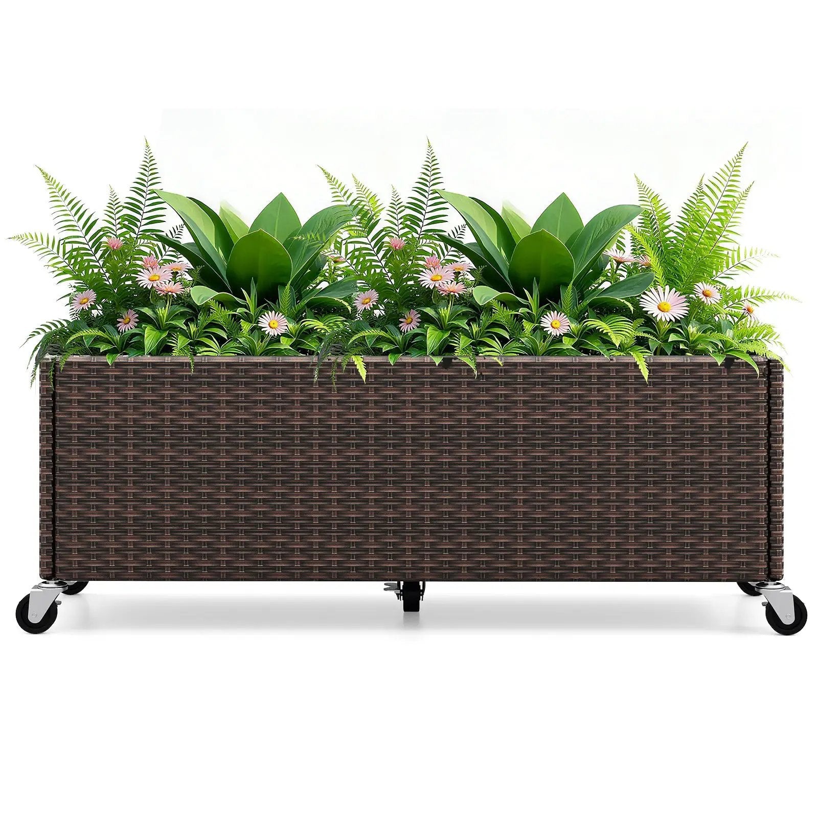 Raised Garden Bed PE Rattan Wicker Patio Planter Box with Wheels and Liner by DirectDeals