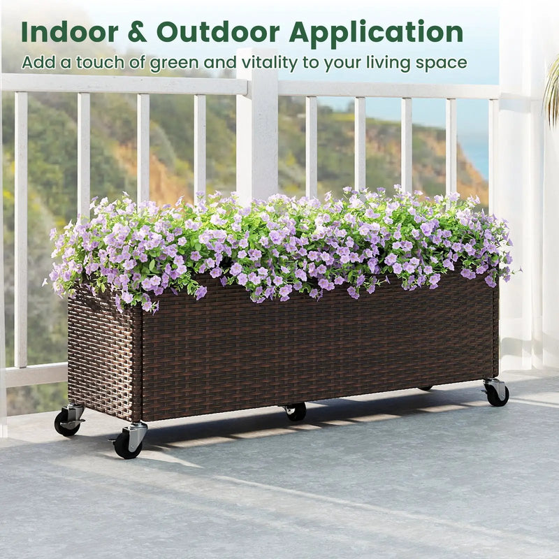 Raised Garden Bed PE Rattan Wicker Patio Planter Box with Wheels and Liner by DirectDeals