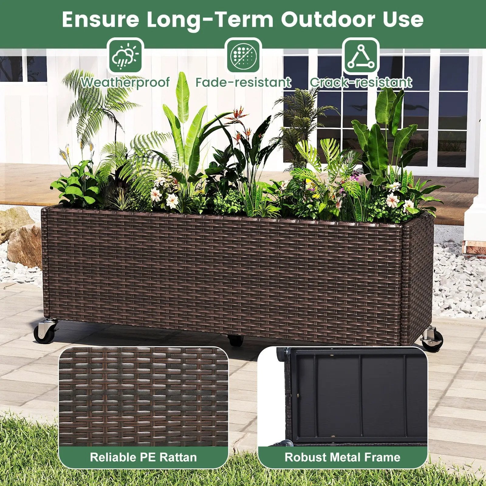 Raised Garden Bed PE Rattan Wicker Patio Planter Box with Wheels and Liner by DirectDeals