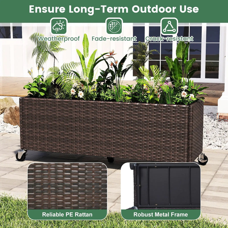 Raised Garden Bed PE Rattan Wicker Patio Planter Box with Wheels and Liner by DirectDeals