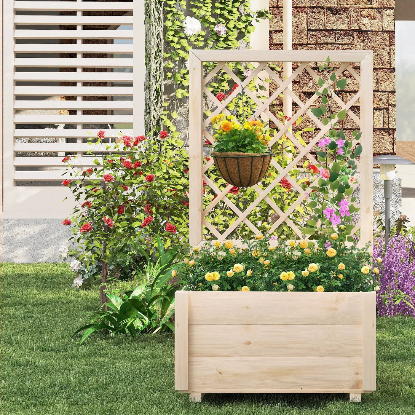 Raised Garden Bed Wooden Elevated Planter Box with Lattice Trellis-S by DirectDeals