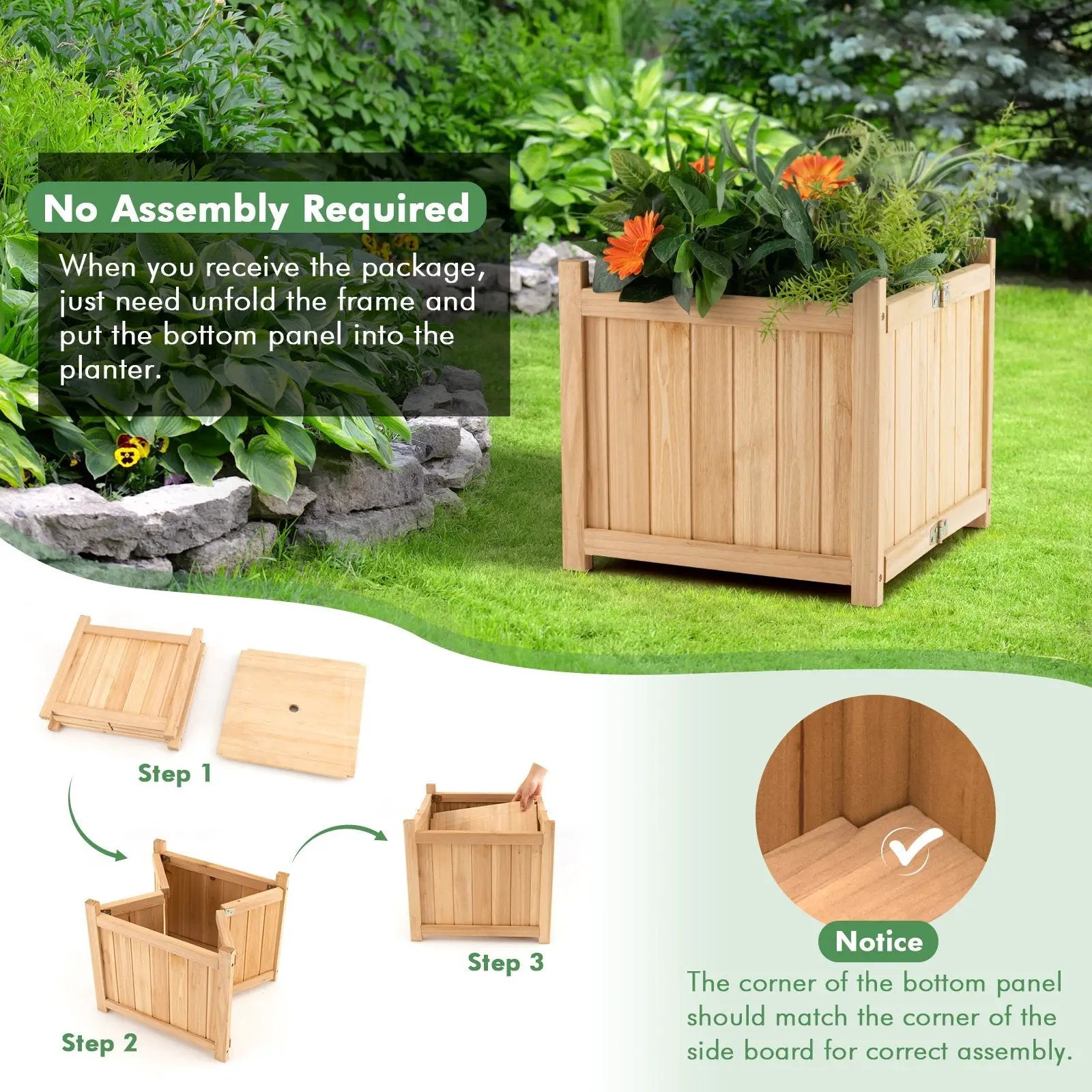 Folding Square Fir Wood Raised Garden Bed with Removable Bottom by DirectDeals