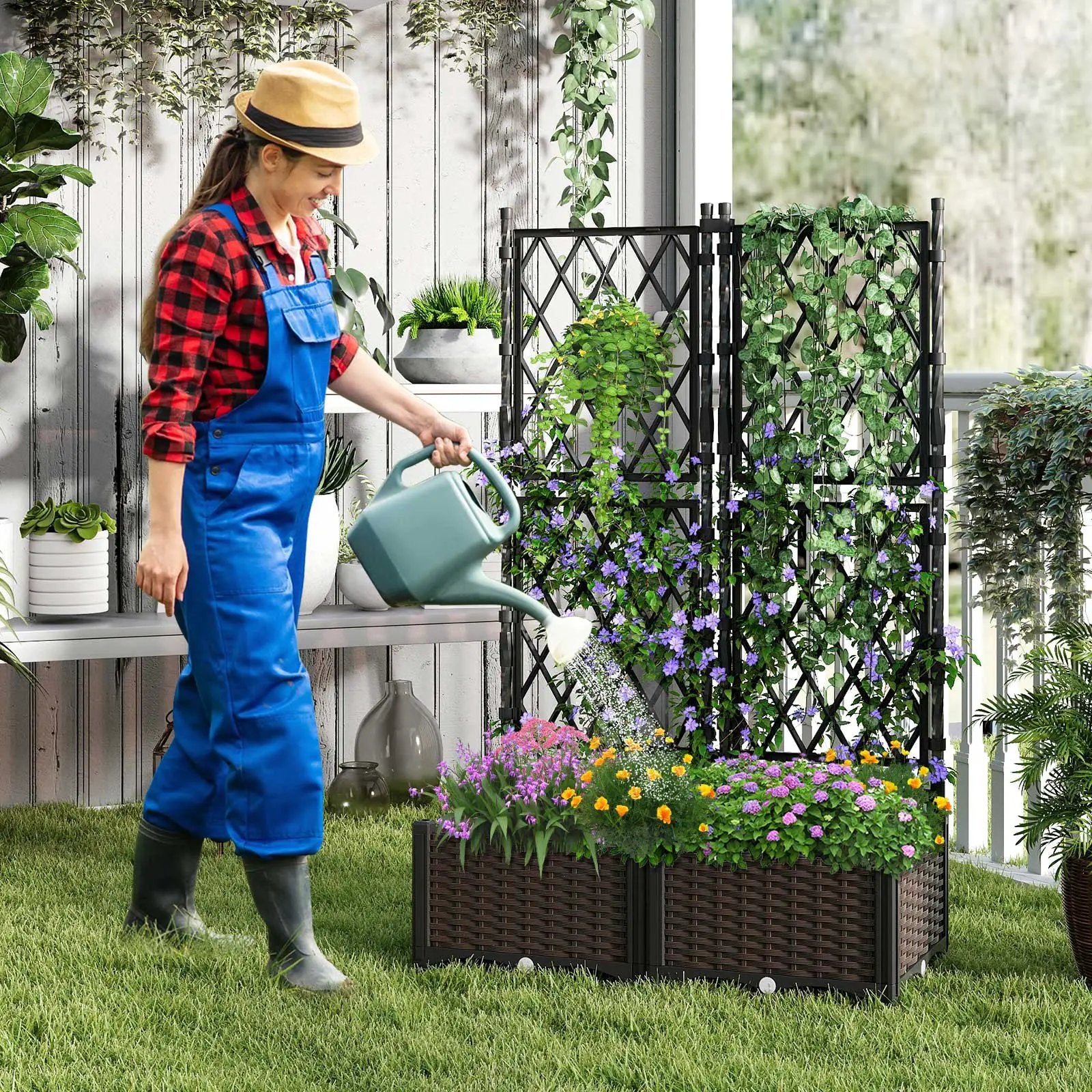 Raised Garden Bed with Lattice Trellis Drainage Self-Watering Elevated Vertical Planter Boxes-Black by DirectDeals