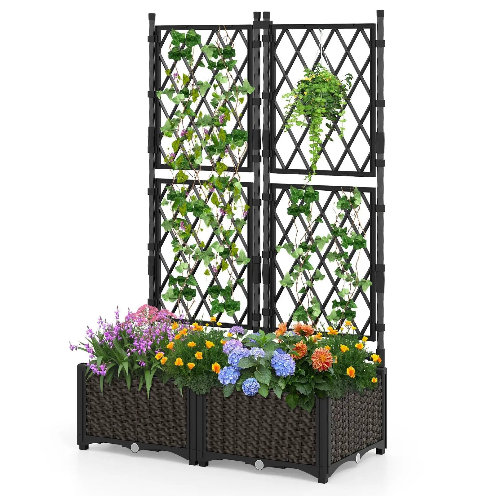 Raised Garden Bed with Lattice Trellis Drainage Self-Watering Elevated Vertical Planter Boxes-Black by DirectDeals