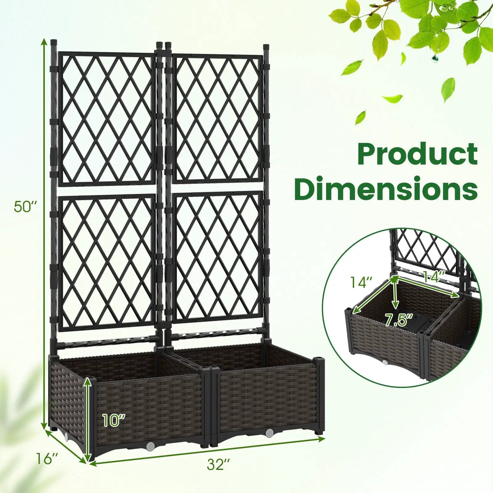 Raised Garden Bed with Lattice Trellis Drainage Self-Watering Elevated Vertical Planter Boxes-Black by DirectDeals