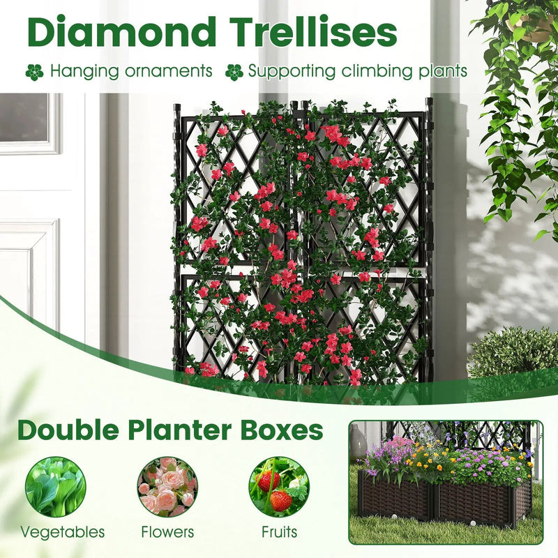Raised Garden Bed with Lattice Trellis Drainage Self-Watering Elevated Vertical Planter Boxes-Black by DirectDeals