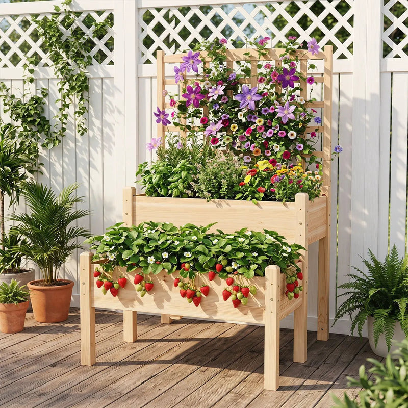 2-Tier Raised Garden Bed with Trellis for Climbing Plants by DirectDeals