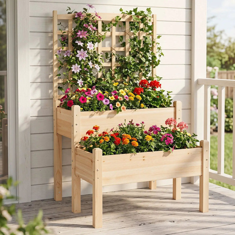 2-Tier Raised Garden Bed with Trellis for Climbing Plants by DirectDeals