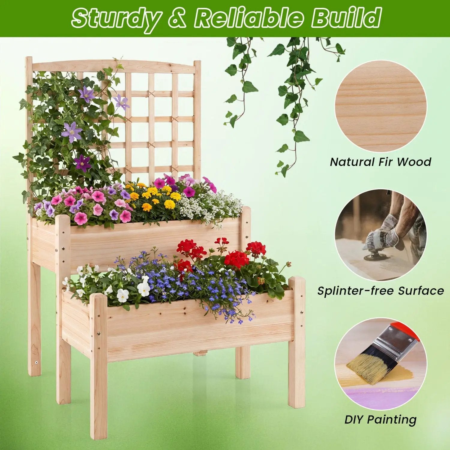 2-Tier Raised Garden Bed with Trellis for Climbing Plants by DirectDeals