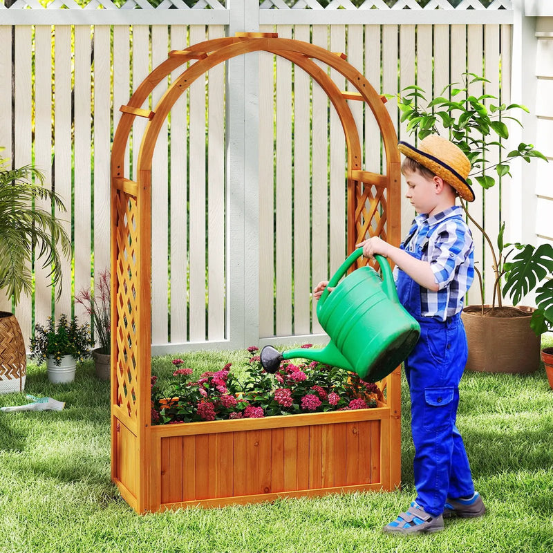 Raised Garden Bed with Lattice Trellis Ached Roof Wooden Elevated Planter Box-Brown by DirectDeals