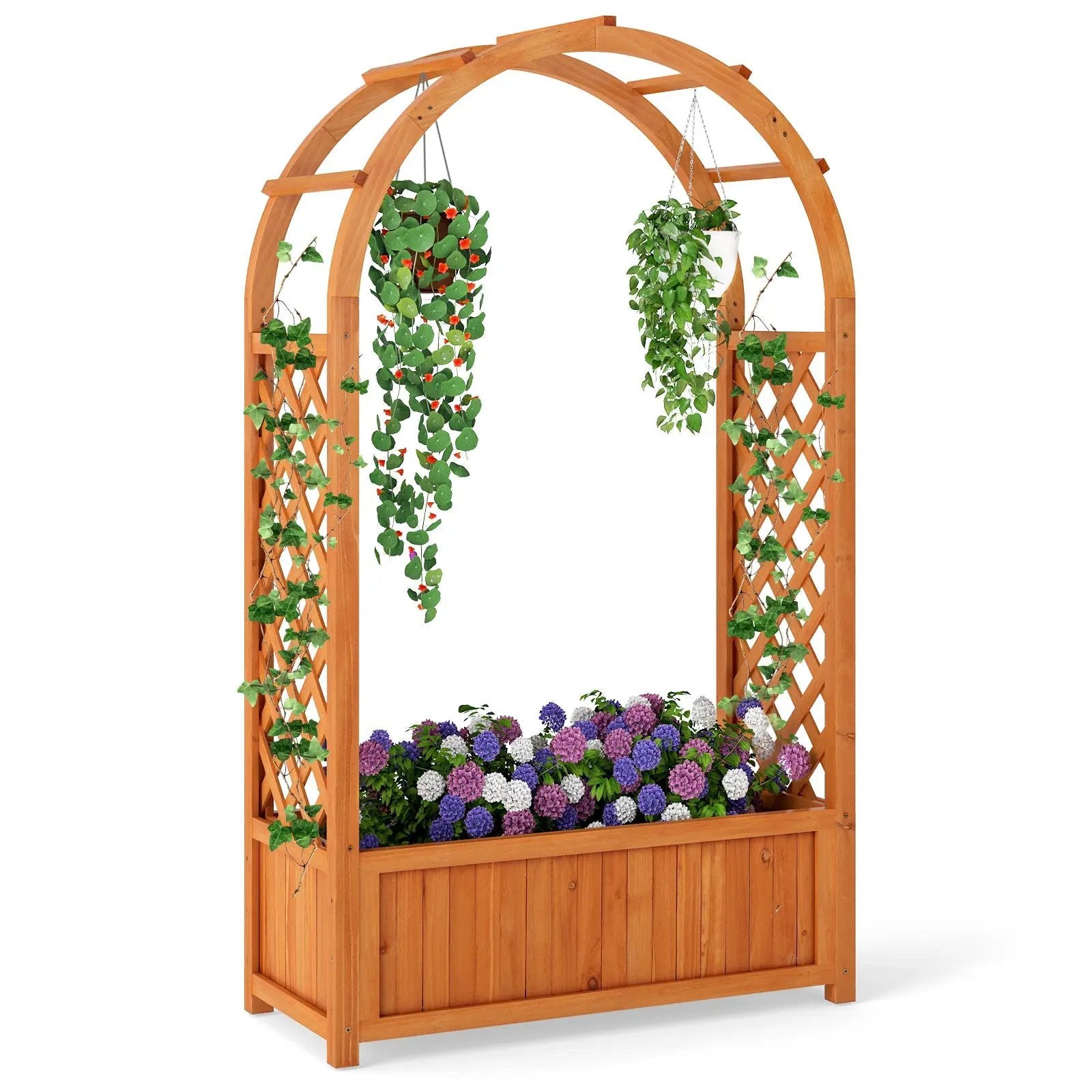 Raised Garden Bed with Lattice Trellis Ached Roof Wooden Elevated Planter Box-Brown by DirectDeals
