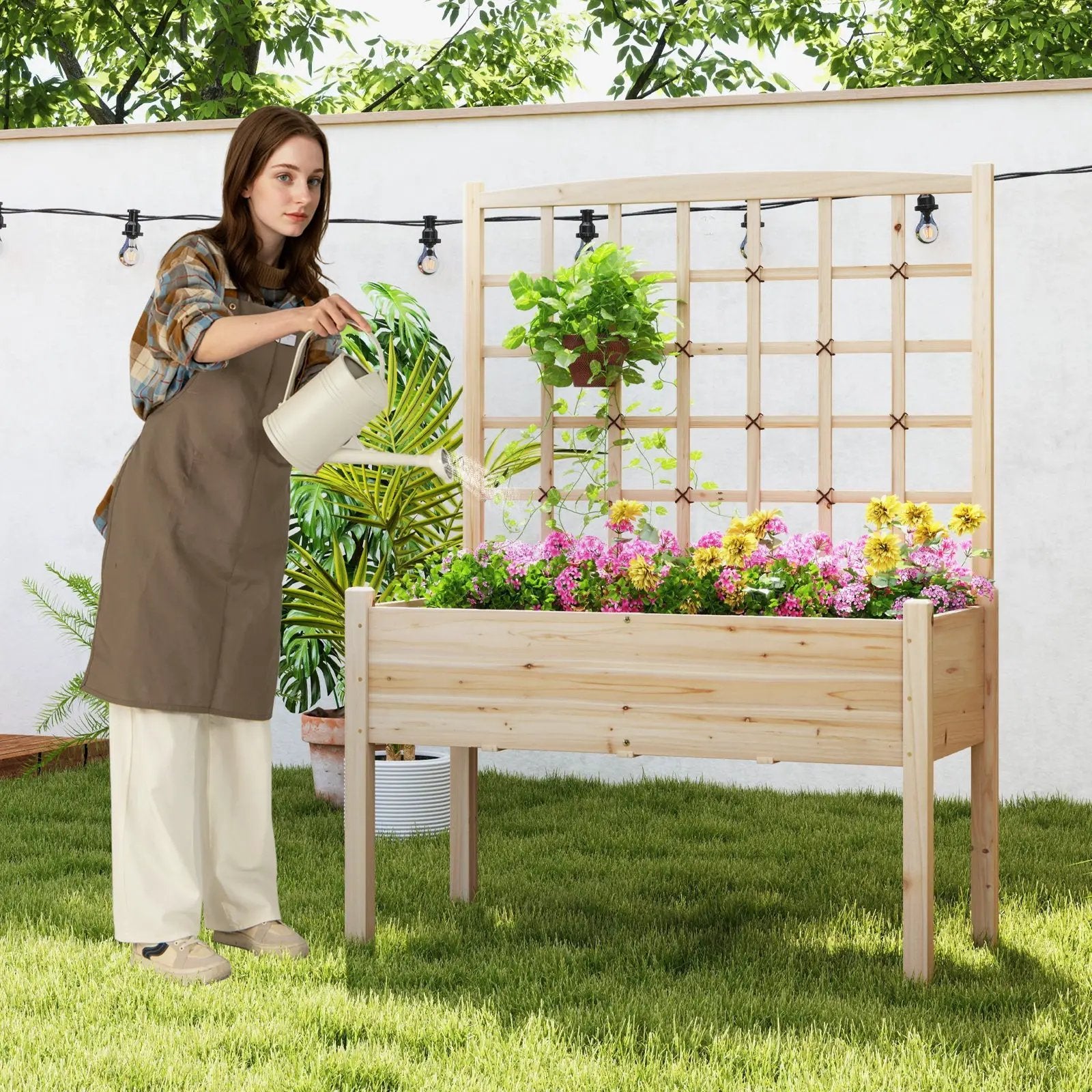 Raised Garden Bed with Lattice Trellis and Drainage Holes Elevated-Natural by DirectDeals