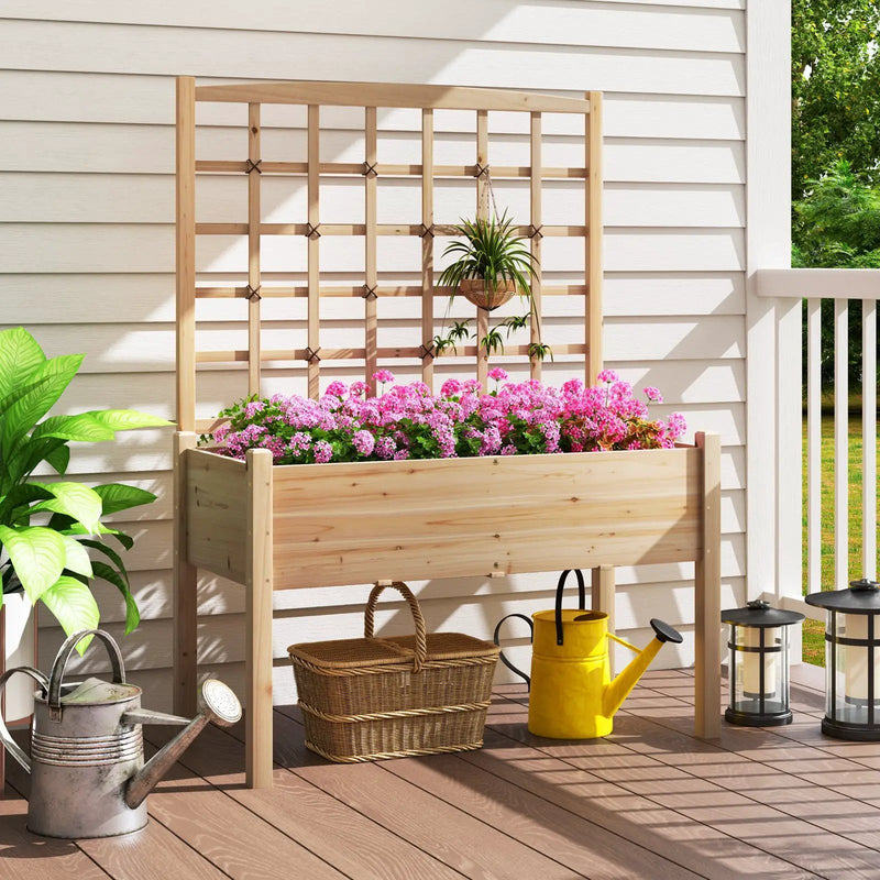 Raised Garden Bed with Lattice Trellis and Drainage Holes Elevated-Natural by DirectDeals