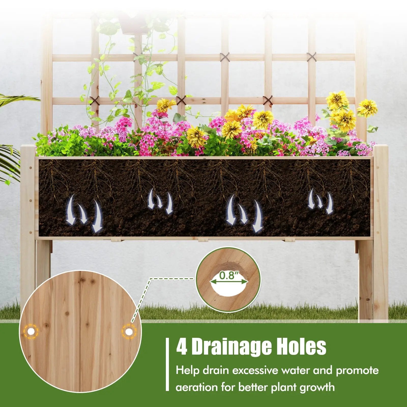 Raised Garden Bed with Lattice Trellis and Drainage Holes Elevated-Natural by DirectDeals