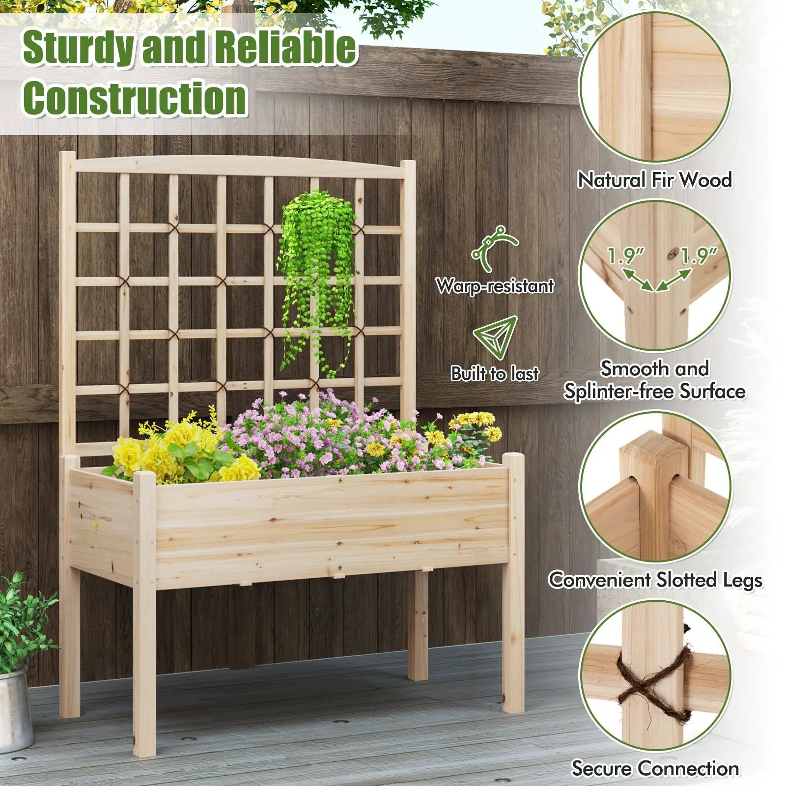 Raised Garden Bed with Lattice Trellis and Drainage Holes Elevated-Natural by DirectDeals