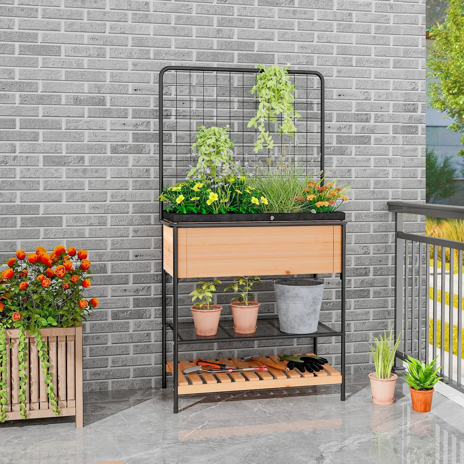Raised Garden Bed with Trellis 2-tier Storage Shelves-Natural by DirectDeals