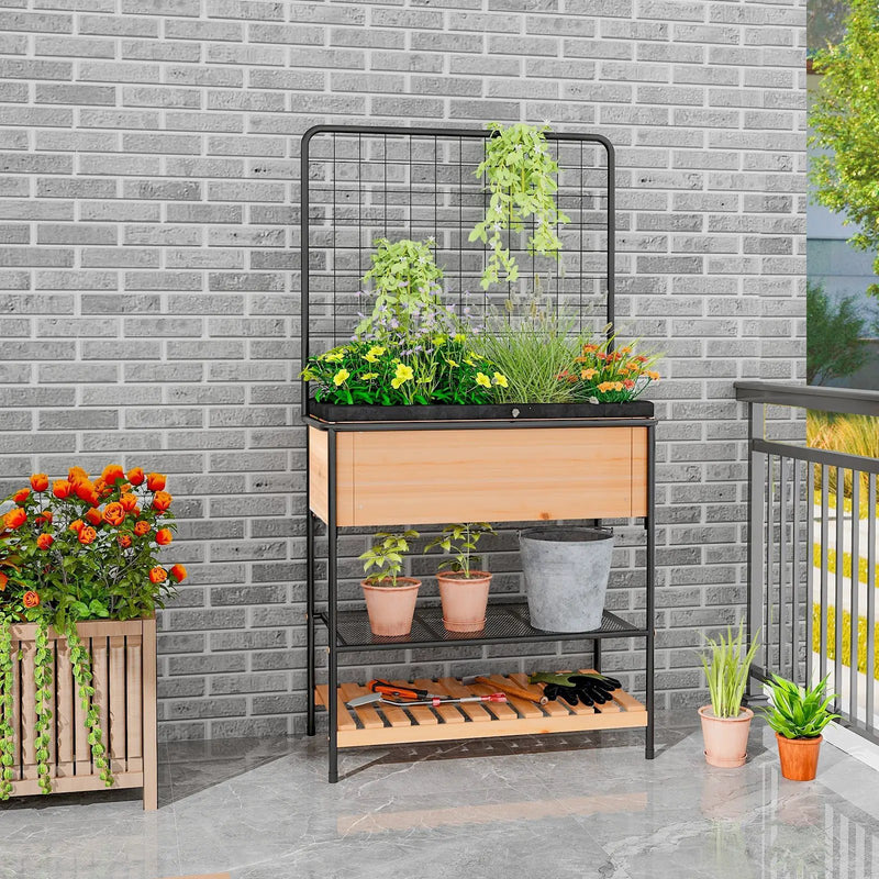 Raised Garden Bed with Trellis 2-tier Storage Shelves-Natural by DirectDeals