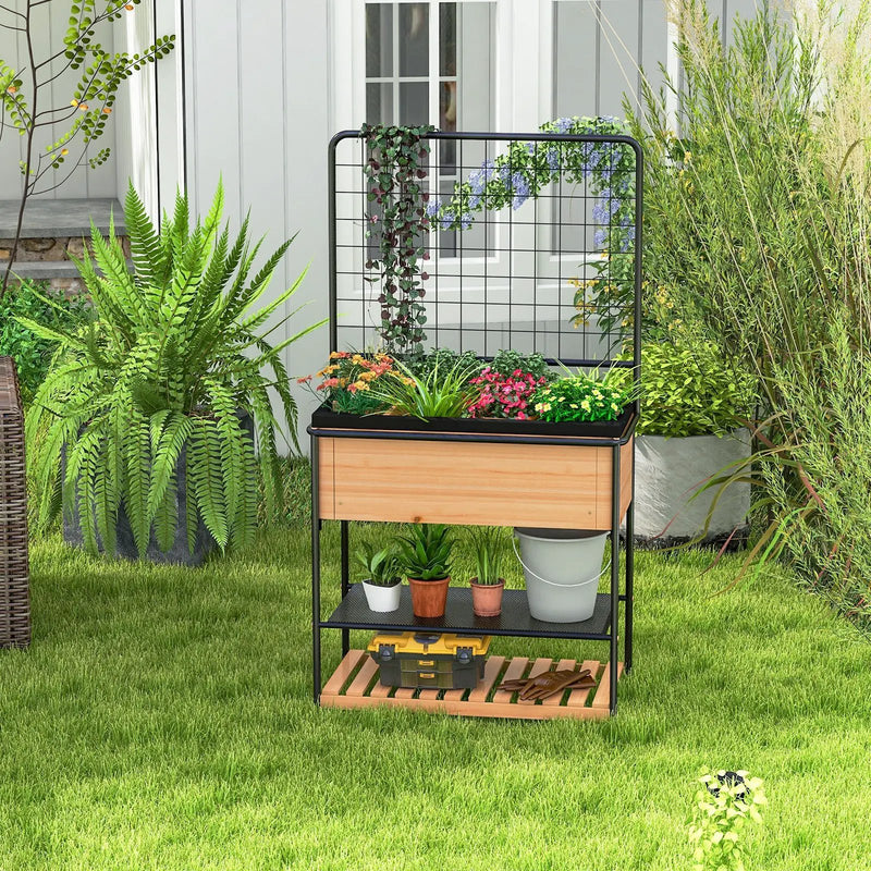 Raised Garden Bed with Trellis 2-tier Storage Shelves-Natural by DirectDeals