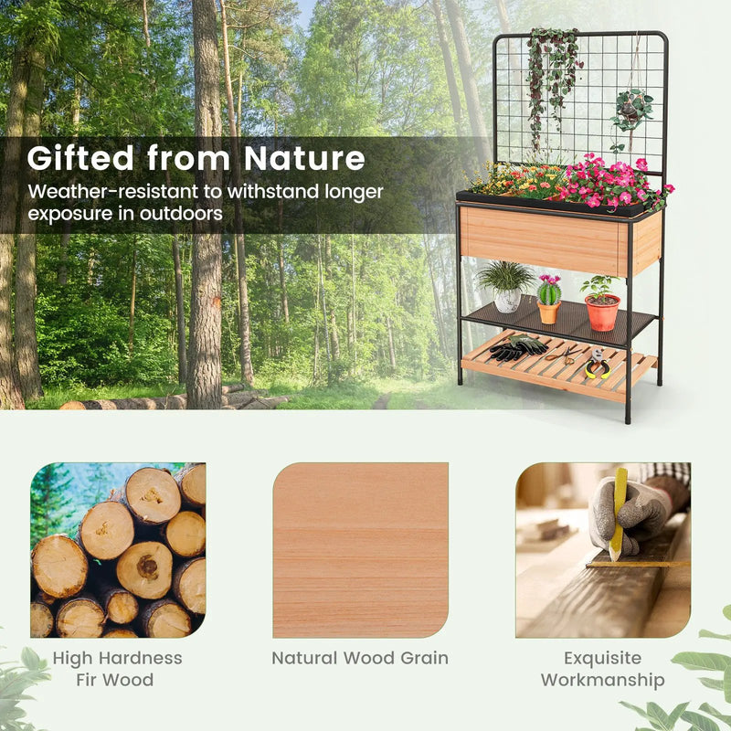 Raised Garden Bed with Trellis 2-tier Storage Shelves-Natural by DirectDeals