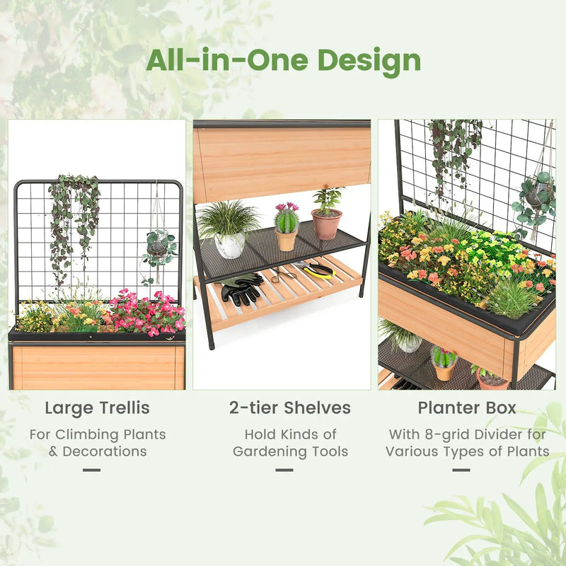 Raised Garden Bed with Trellis 2-tier Storage Shelves-Natural by DirectDeals